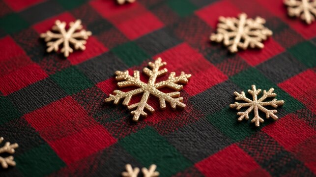 Festive Christmas fabric background with red and green plaid patterns, gold thread accents, and snowflake motifs 