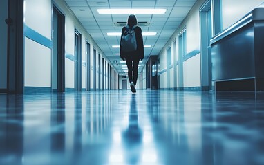 Fototapeta premium A person walking down an empty hallway, with the only sound being their footsteps echoing, emphasizing the feeling of being alone.