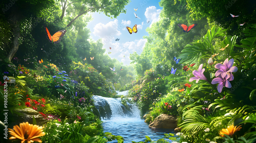 Canvas Prints  featuringa vibrant forest with a streamm flowing through it, surrounded by lush greenery
