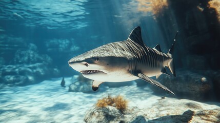 Fototapeta premium A close-up of a tiger shark swimming along the ocean floor, showcasing its powerful body and distinct markings.