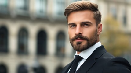 Fototapeta premium Gentleman with a well-groomed chevron moustache, dressed in a tailored suit, standing against an urban backdrop 