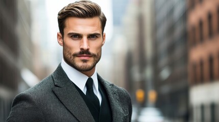 Naklejka premium Gentleman with a well-groomed chevron moustache, dressed in a tailored suit, standing against an urban backdrop 