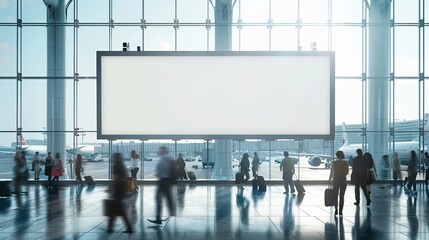 A busy airport terminal with a large blank advertisement panel and passengers moving in the foreground, capturing travel atmosphere.