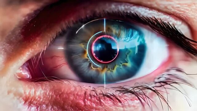 Closeup of an eye with laser circles around the iris showing digital identification, biometric security technology, high tech biometric security
