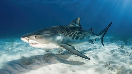Naklejka premium A close-up of a tiger shark swimming along the ocean floor, showcasing its powerful body and distinct markings.