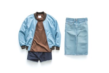 Set of blue jeans jacket and two blue jeans with two jeans shorts on white background