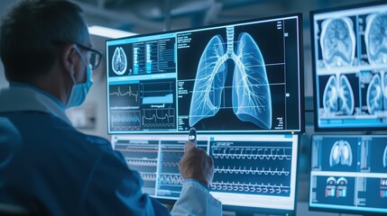 A medical professional evaluating lung scans on multiple screens in a modern diagnostic center, emphasizing technology in healthcare.