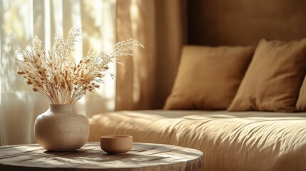 Cozy living room with beige accents and dried flowers in a simple vase during daylight