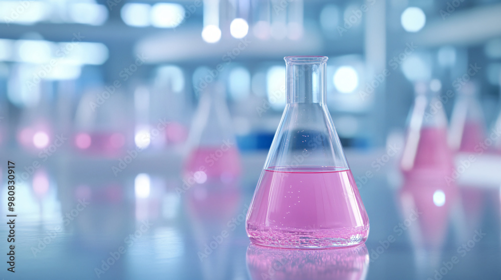 Poster Pink chemical liquid in erlenmeyer flask is placed on a lab bench