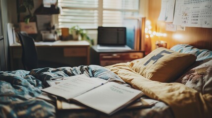 Show a dorm room filled with new textbooks, organized notes, and a calendar marking the start of the semester, as a student prepares for academic life.
