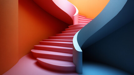 Obraz premium A vibrant, abstract spiral staircase with contrasting colors of orange, pink, and blue creates a modern artistic appeal.