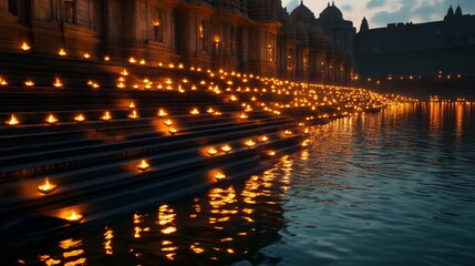 Majestic temple glowing with thousands of oil lamps on its steps and walls, surrounded by devotees celebrating the Festival of Lights 