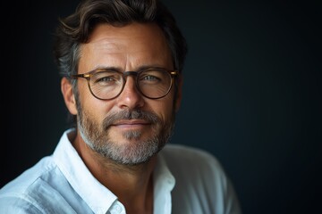Obraz premium A man with glasses is smiling and looking at the camera. He is wearing a white shirt and he is in a relaxed and confident mood