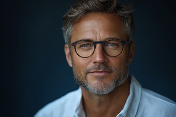 Obraz premium A man with glasses is smiling and looking at the camera. He is wearing a white shirt and he is in a relaxed and confident mood