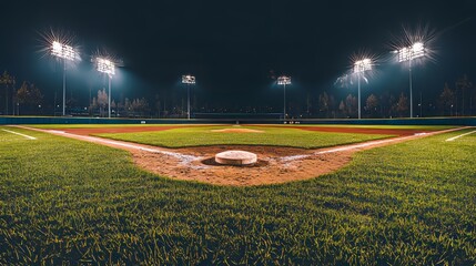 Nighttime view of a baseball stadium as seen from the bleachers, with the field illuminated.