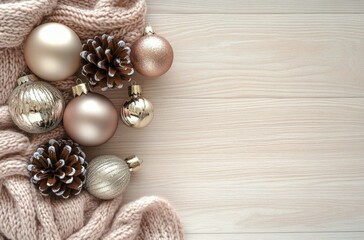 Fototapeta premium Decorative Christmas ornaments and pinecones arranged on a cozy knitted blanket during winter