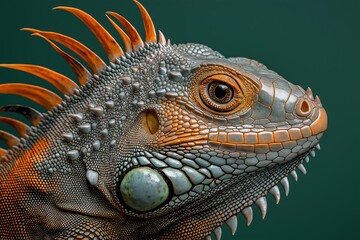 Obraz premium A lizard with orange and gray markings on its face. The lizard has a very sharp and pointed snout