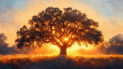 Majestic Oak Tree Silhouetted Against Sunset