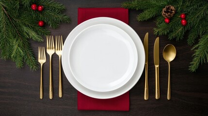 Minimalist Christmas table with white plates, red napkins, evergreen sprigs, and gold cutlery on a dark wood surface 