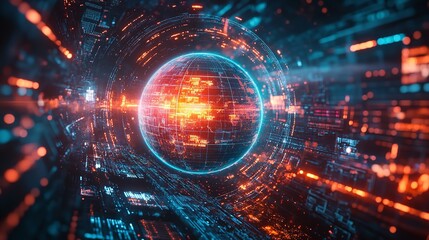 Obraz premium A digital rendering of a globe illuminated with data points hovering over a glowing futuristic city with light streaks descending from above.