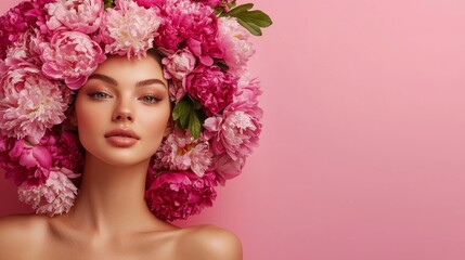 An image of a young, beautiful woman wearing a wreath of colorful peonies and dahlias, set against a pink background.