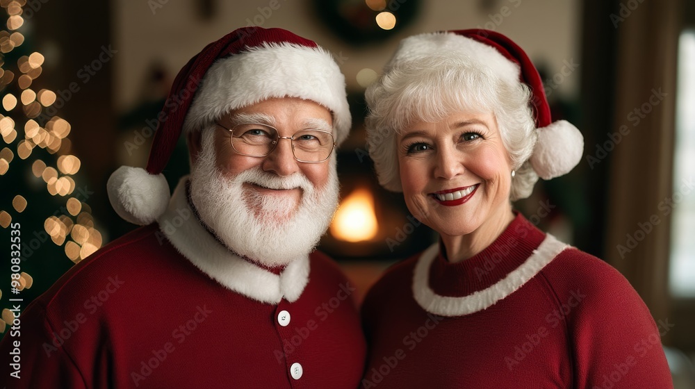 Sticker Mr and Mrs Santa Claus standing together, smiling warmly, in a cozy Christmas-themed living room, with a decorated tree and glowing fireplace in the background 