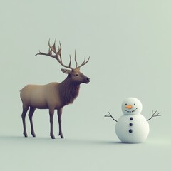 A minimalist holiday spirit scene with Santa's elk and a snowman. The elk has a majestic stance with its antlers standing out. The snowman is built with care, having a carrot nose.