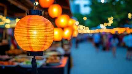Night market during Yi Peng, with rows of food stalls, hanging lanterns, and festival-goers enjoying traditional Thai delicacies 