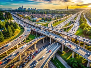 Busy highway intersection with congested traffic and construction zones, juxtaposing economic growth and infrastructure