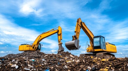 Obraz premium Open-air section of a recycling plant with heavy machinery sorting and moving large metal scraps and electronic waste 