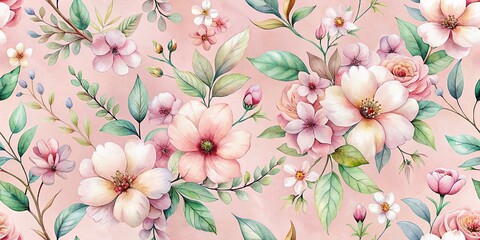 Fototapeta premium Delicate watercolor floral blossoms unfold on a soft pink background, creating a romantic, vintage-inspired botanical texture perfect for fabric, wallpaper, or spring-themed design.