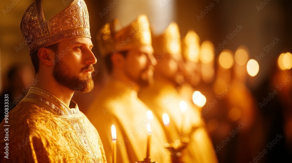 Canvas Prints Orthodox Christmas procession inside a church, with deacons carrying incense burners, and candles illuminating the path 