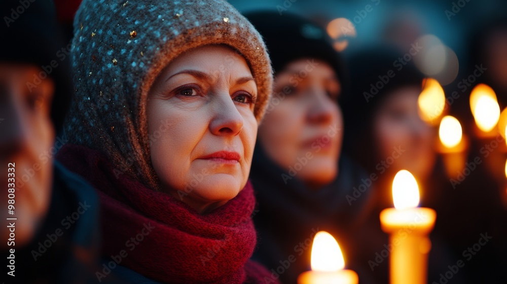 Wall mural Orthodox Christmas vigil with worshippers holding beeswax candles, bathed in the warm glow of numerous small oil lamps 