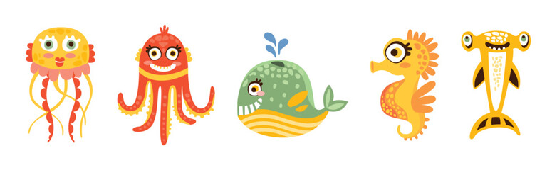 Sea Mammal and Underwater Cute Animal Swim in Ocean Vector Set