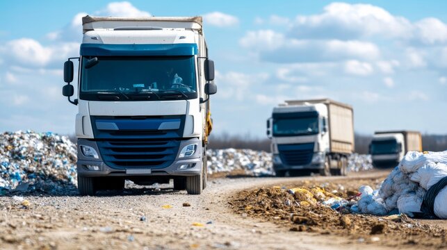Outside a waste processing plant with piles of compressed plastic bales and metal scrap, large trucks arriving and leaving 