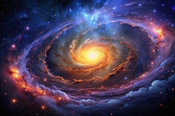 Celestial landscape of a distant galaxy, with vibrant stars, gas clouds, and swirling nebulae set against a deep,