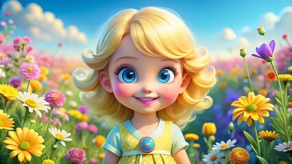 Fototapeta premium Cheerful blonde-haired cartoon character with bright blue eyes and a big smile, wearing a yellow sundress, standing in