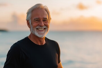 A man with a big smile on his face is standing on a beach. The ocean is in the background, and the sky is a beautiful orange color. The man is enjoying his time at the beach