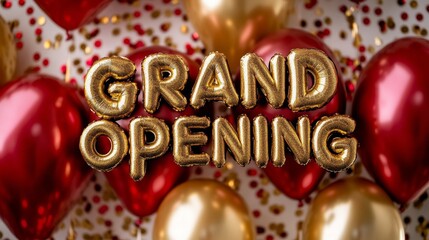 Phrase grand opening in bold gold letters on a festive background with red and gold balloons,...