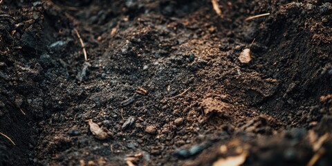 Fototapeta premium Close-up of dark, rich soil with organic matter, indicating a potential planting site.