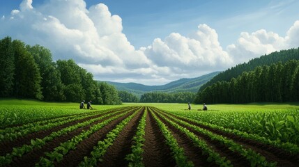 Pilgrim men planting crops in a cleared field, with a background of dense forest and an overcast sky 