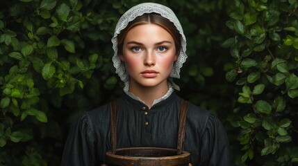 Pilgrim woman carrying water from a stream in a wooden bucket, wearing a bonnet and simple dress, surrounded by wild foliage 