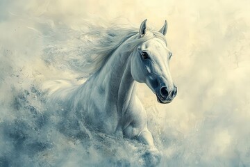 ethereal horse portrait in dreamy watercolor style soft flowing brushstrokes create a sense of motion and grace muted colors blend seamlessly capturing the animals spirit and beauty