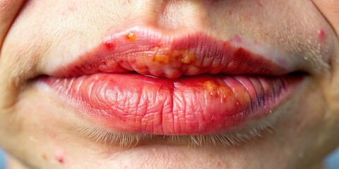 Fototapeta premium Close-up image of an inflamed and blistered lip with a red, swollen, and tender appearance, highlighting the physical