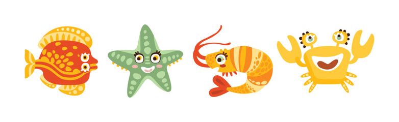 Sea Mammal and Underwater Cute Animal Swim in Ocean Vector Set