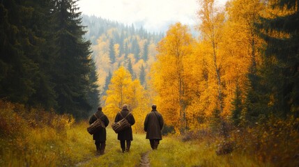 Pilgrims gathering wood in a dense forest, carrying bundles on their backs, autumn colors all around 