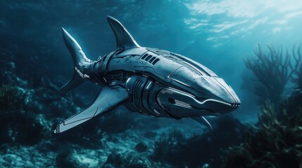 Fototapeta premium A futuristic robot shark glides along the ocean floor, its powerful form cutting through the water in a dramatic underwater scene.