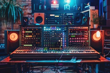 Fototapeta premium Professional Music Studio with Digital Audio Workstation and Synthesizers in Creative Lighting