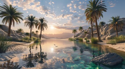 Fototapeta premium A beautiful sunset over a desert oasis with palm trees and a calm river.