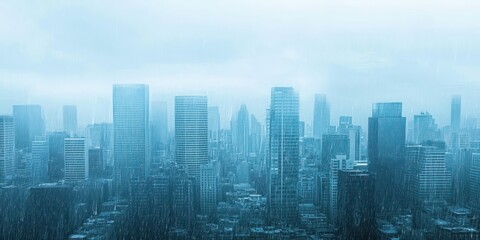 Fototapeta premium A misty city skyline with towering skyscrapers shrouded in a soft blue hue, capturing a serene urban atmosphere.
